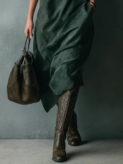 Green Loose Suede Lapel Long Sleeve Midi-Length Dress