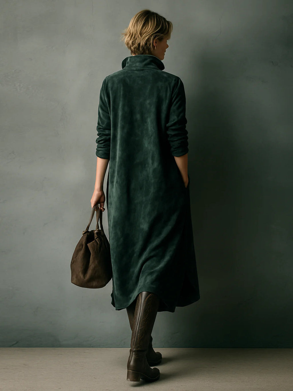 Green Loose Suede Lapel Long Sleeve Midi-Length Dress