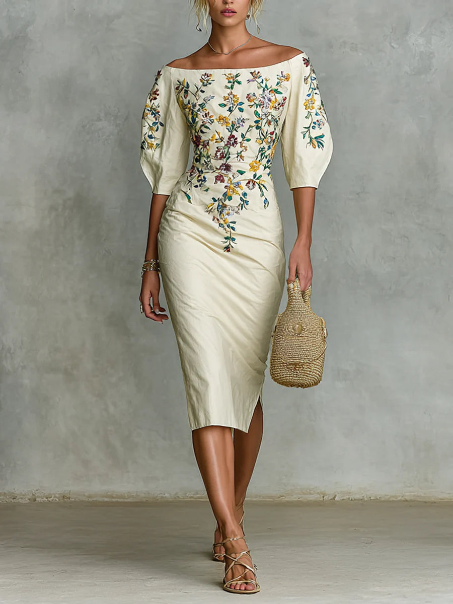 Women's Flower Print mid-sleeve slit dress