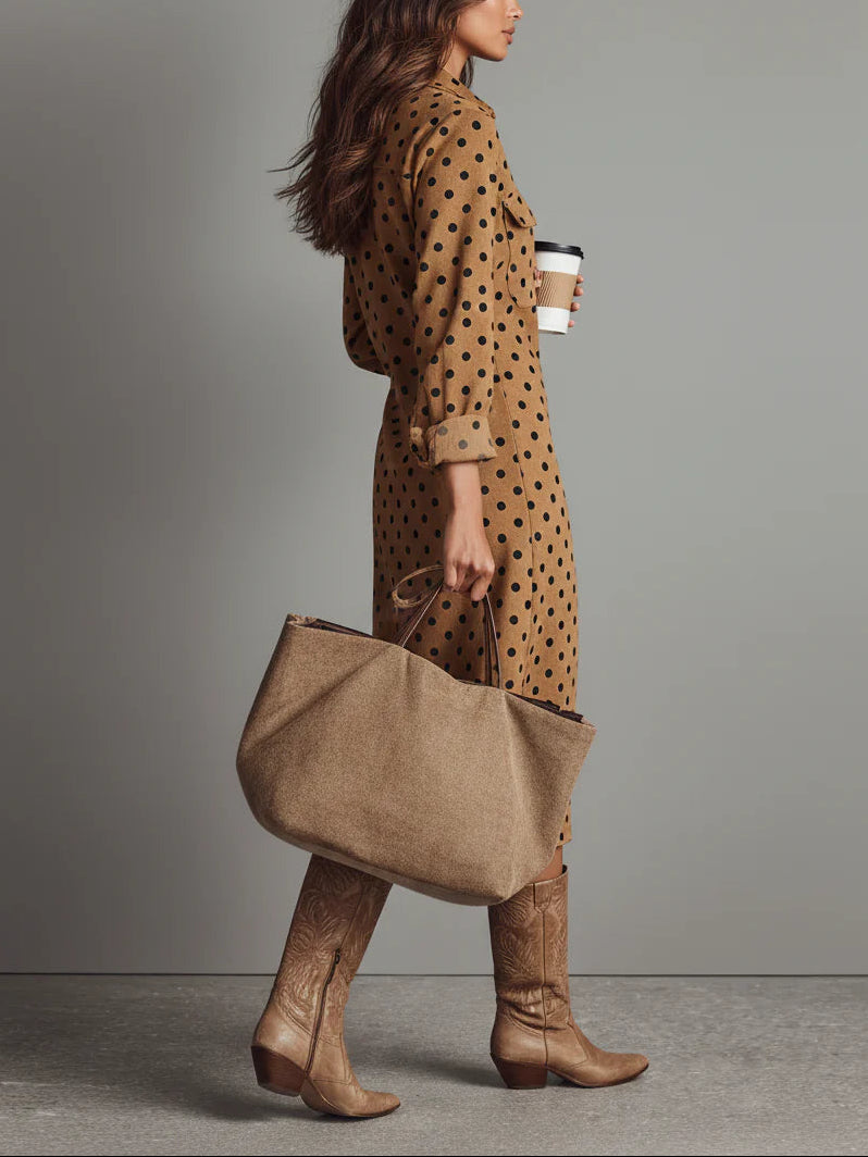 Polka Dot Faux Suede Shirt Midi-Length Dress
