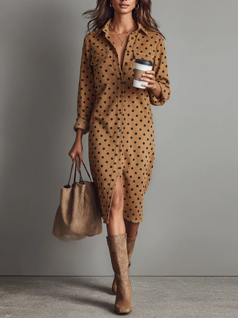 Polka Dot Faux Suede Shirt Midi-Length Dress