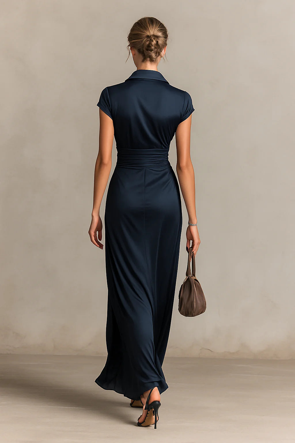 Modern Satin Button Lapel Short Sleeve Waist Length Dress