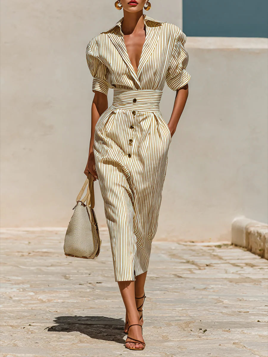 Striped Lapel Short Sleeve Waist Midi-Length Dress