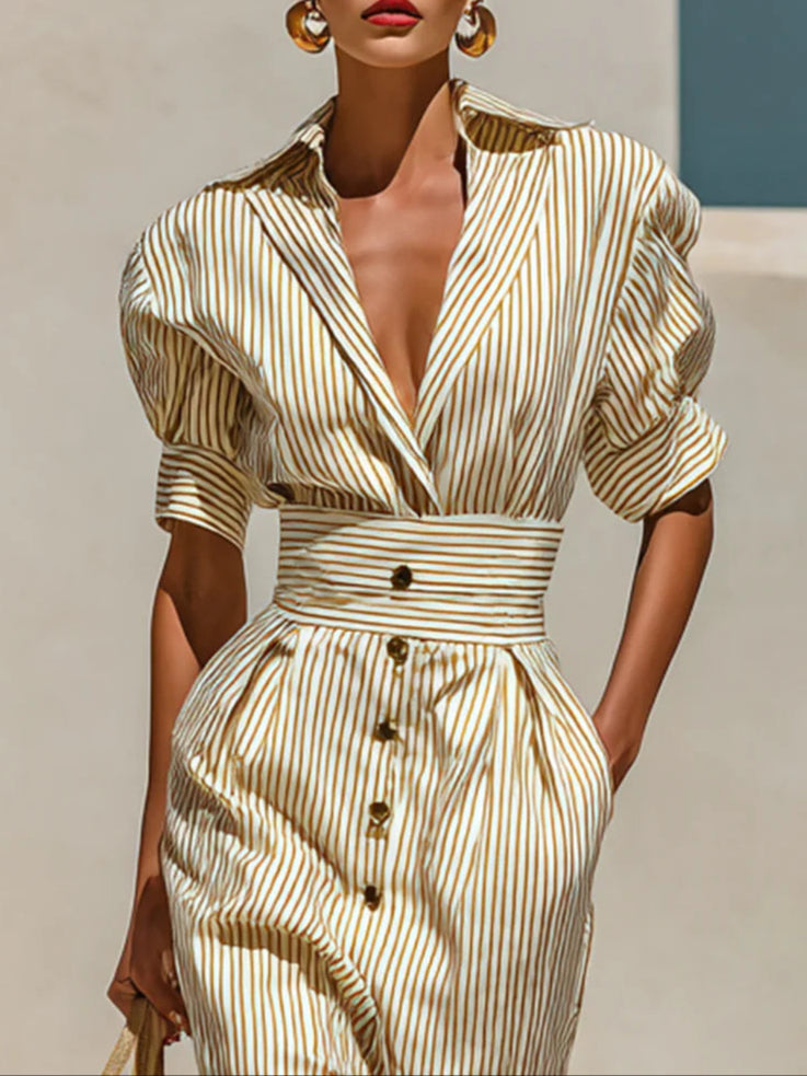 Striped Lapel Short Sleeve Waist Midi-Length Dress