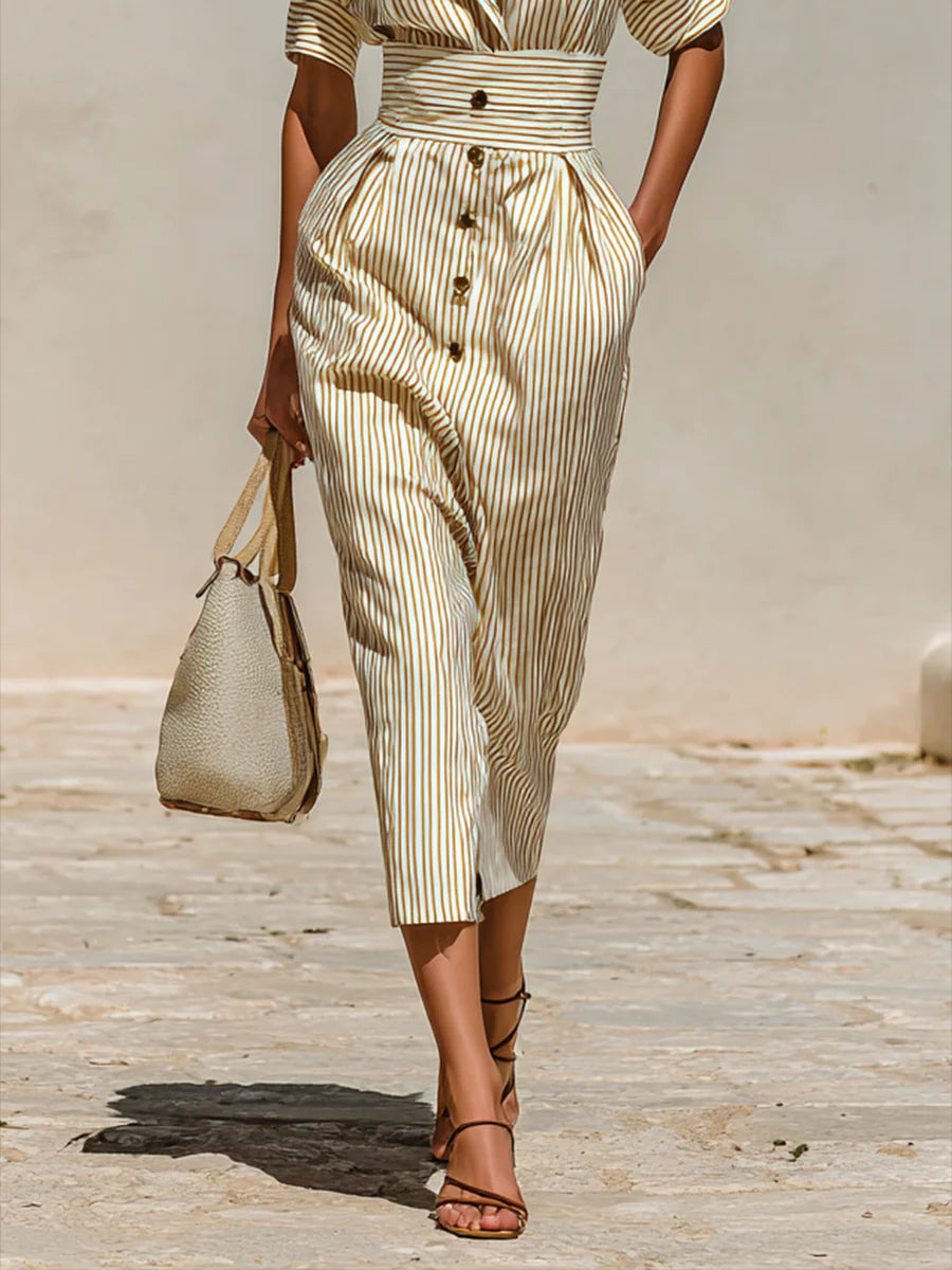 Striped Lapel Short Sleeve Waist Midi-Length Dress