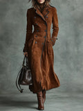 Modern Double-breasted lapel long coat with suede and black trim