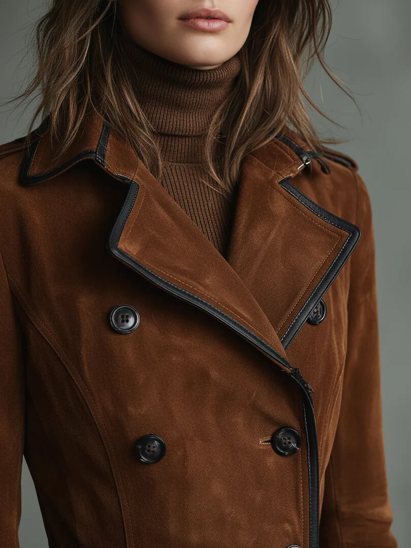 Modern Double-breasted lapel long coat with suede and black trim