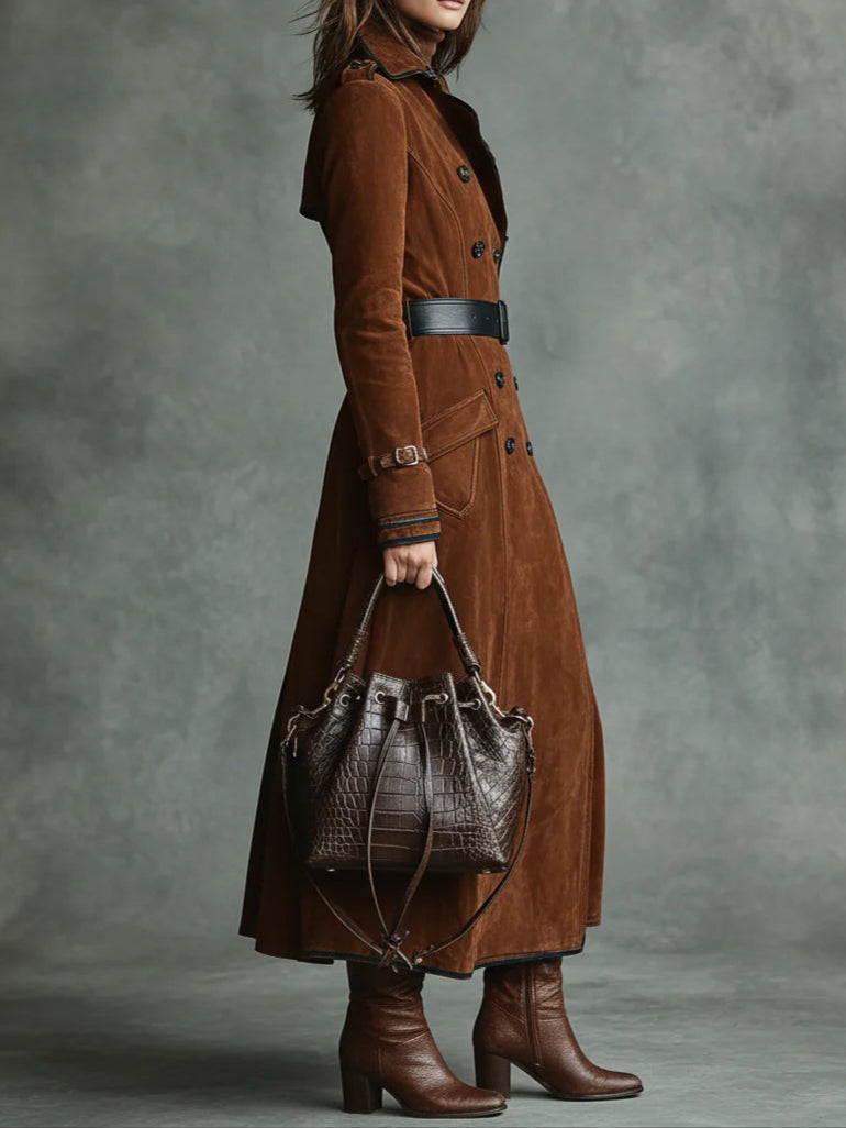 Modern Double-breasted lapel long coat with suede and black trim