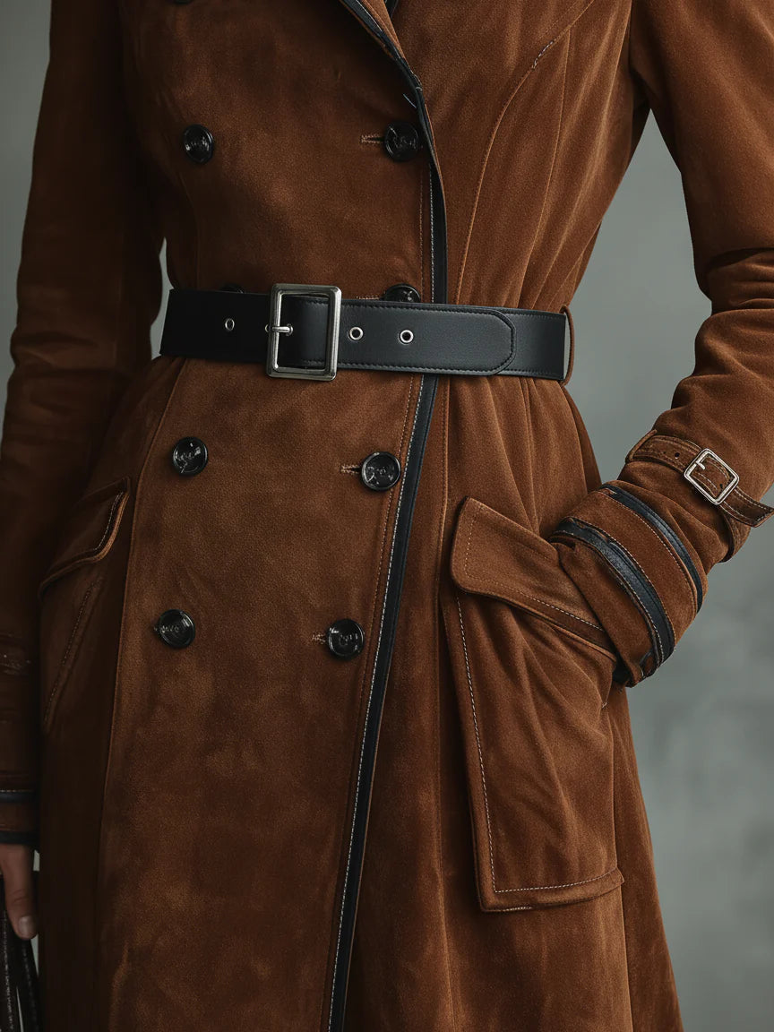 Modern Double-breasted lapel long coat with suede and black trim