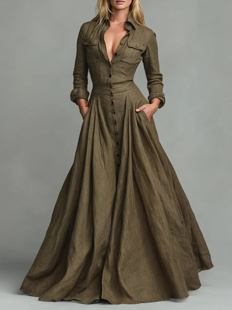 Retro Button-Front shirt floor-length dress