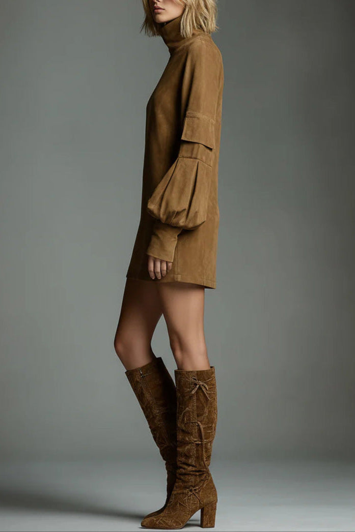Retro Loose Suede Turtleneck Mini-Length Dress