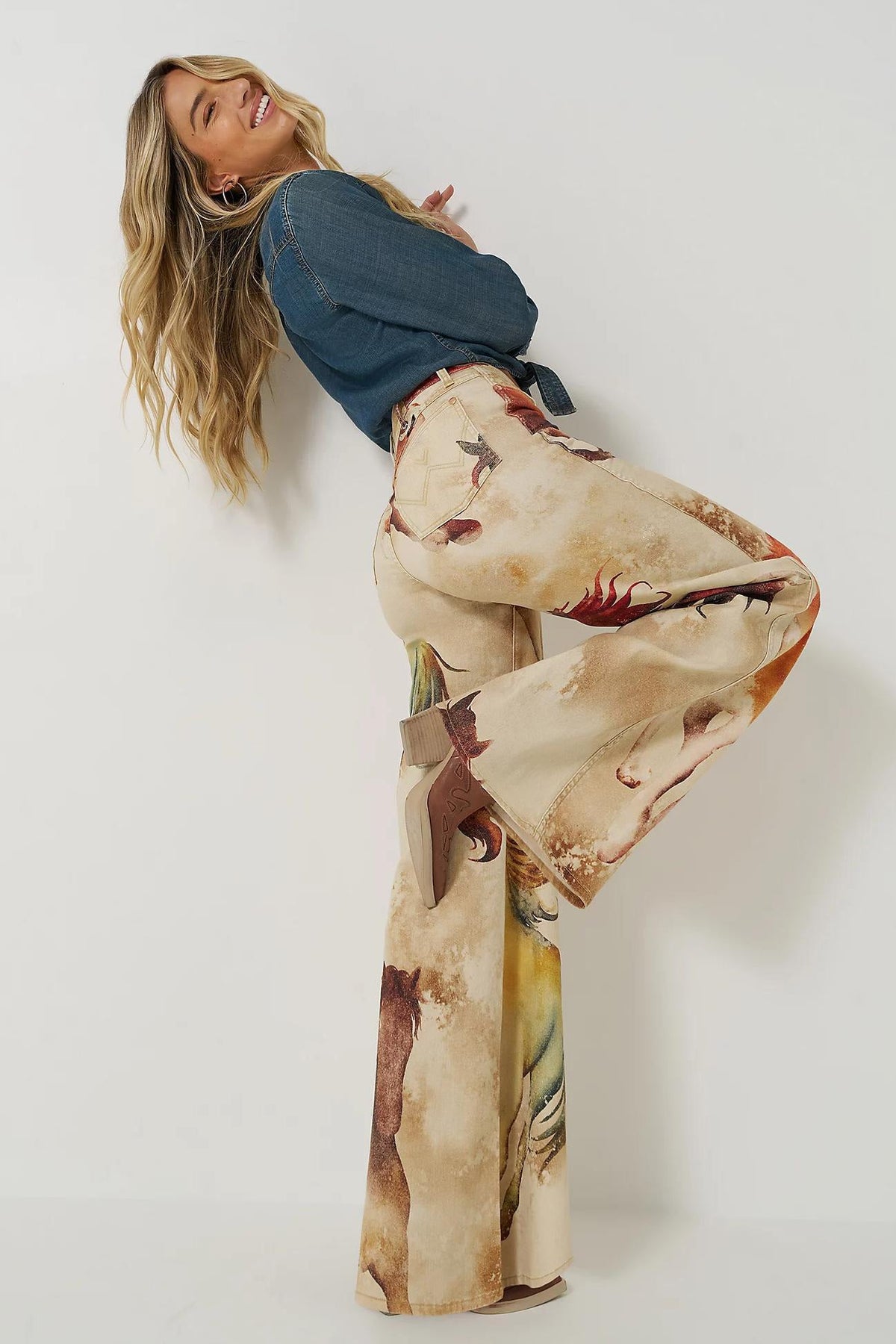 Horse - Patterned Flared Denim Jeans