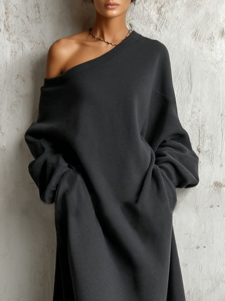 Black Off-shoulder Cotton Sweatshirt Maxi-Length Dress