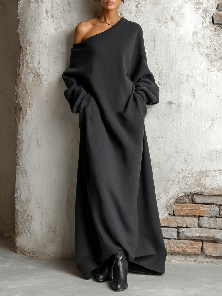 Black Off-shoulder Cotton Sweatshirt Maxi-Length Dress