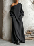 Black Off-shoulder Cotton Sweatshirt Maxi-Length Dress