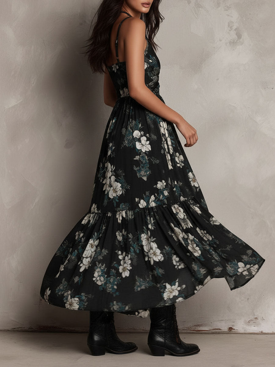 Black Boho Flower Print Irregular Strapless Maxi-Length Dress