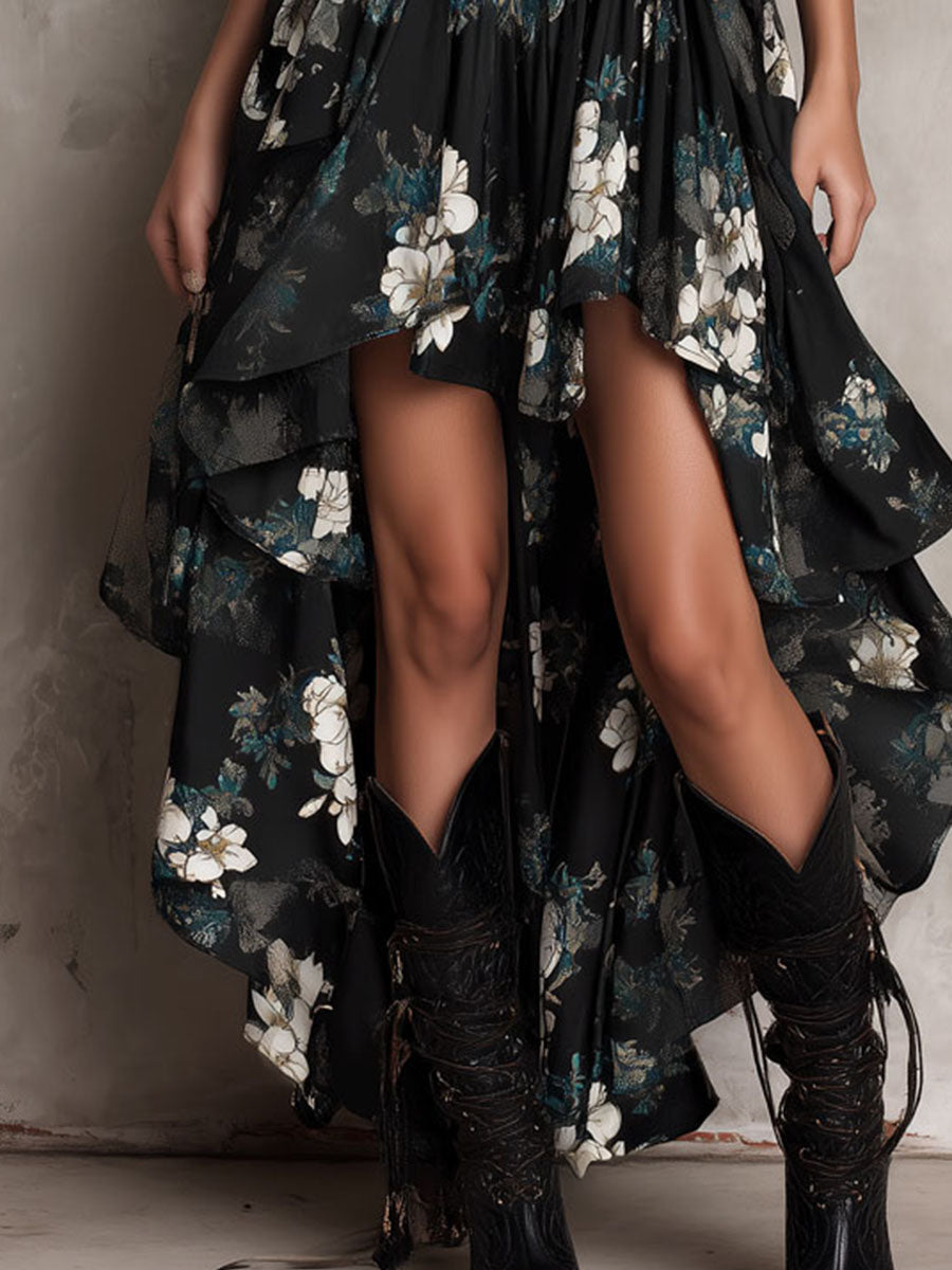Black Boho Flower Print Irregular Strapless Maxi-Length Dress