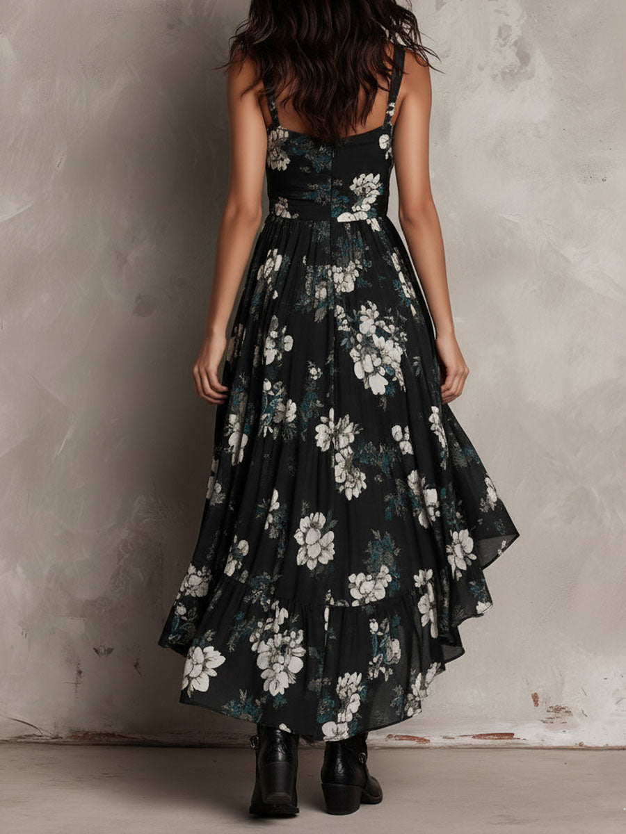 Black Boho Flower Print Irregular Strapless Maxi-Length Dress