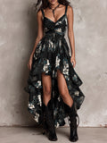 Black Boho Flower Print Irregular Strapless Maxi-Length Dress