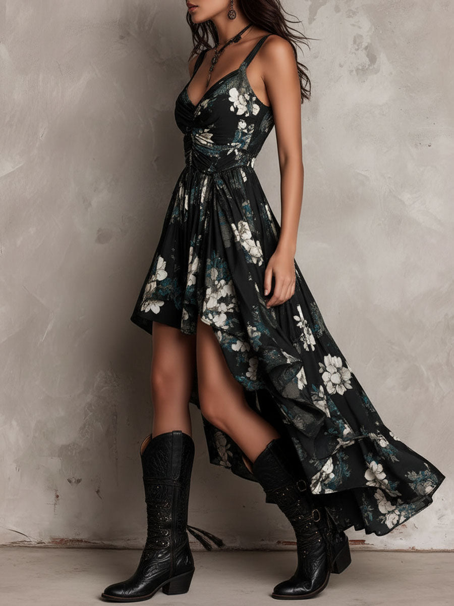 Black Boho Flower Print Irregular Strapless Maxi-Length Dress