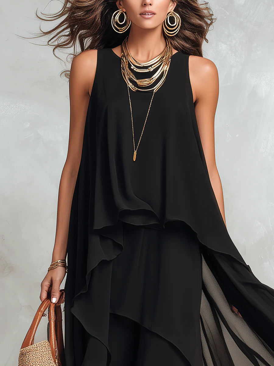 Black Chiffon Layered Crew Neck Sleeveless Maxi-Length Dress