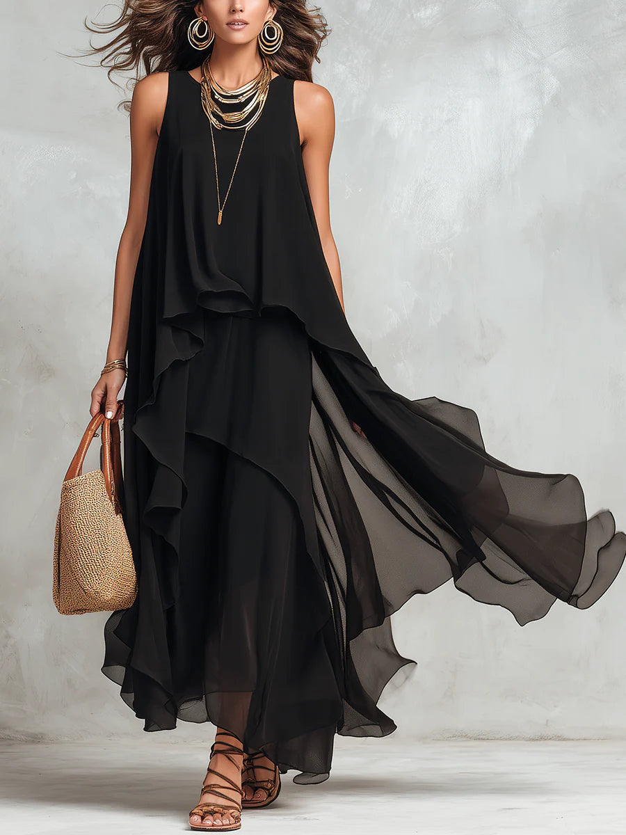 Black Chiffon Layered Crew Neck Sleeveless Maxi-Length Dress