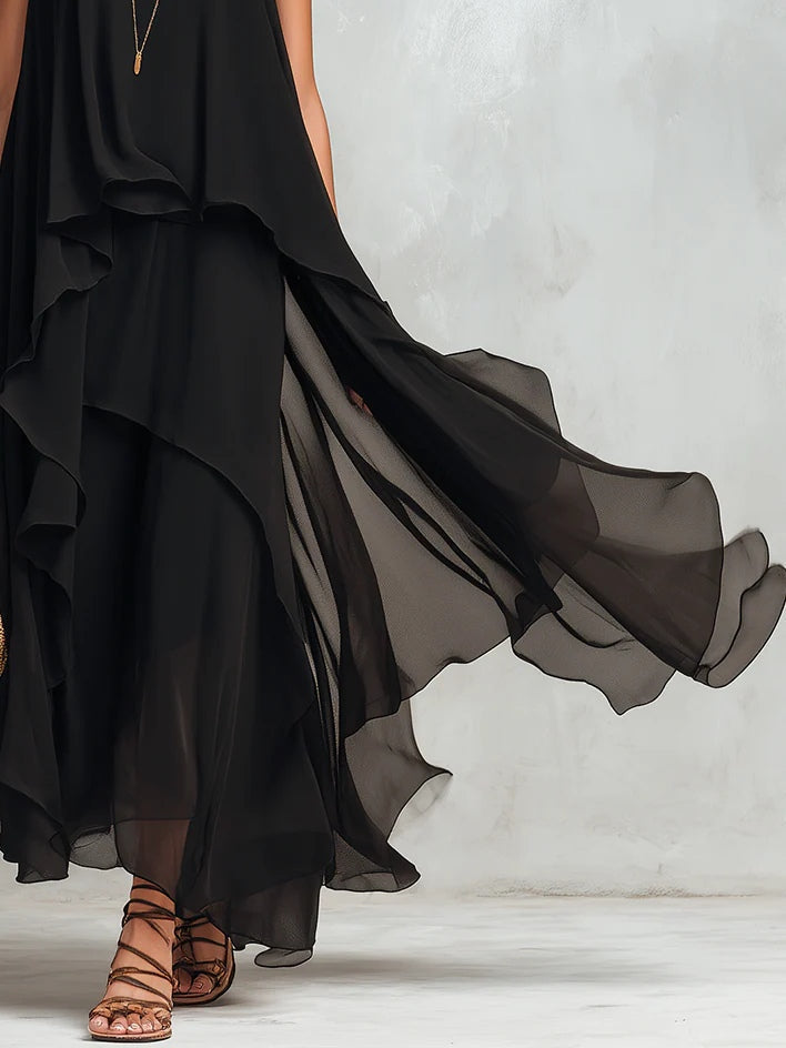 Black Chiffon Layered Crew Neck Sleeveless Maxi-Length Dress