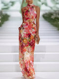 Red Chiffon Flower Halter-neck Sleeveless Maxi-Length Dress