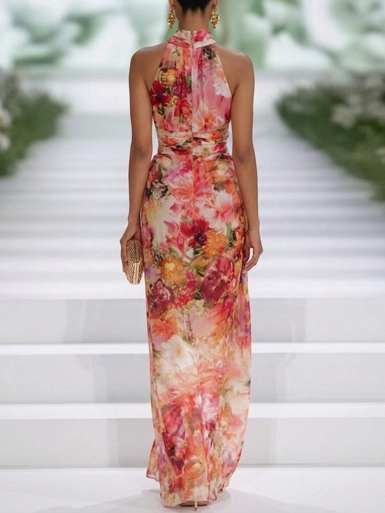 Red Chiffon Flower Halter-neck Sleeveless Maxi-Length Dress