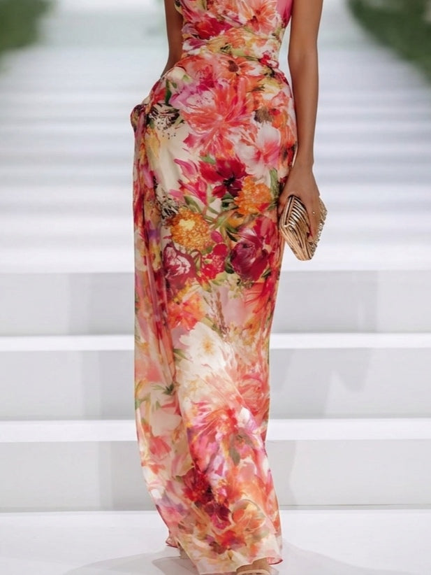 Red Chiffon Flower Halter-neck Sleeveless Maxi-Length Dress