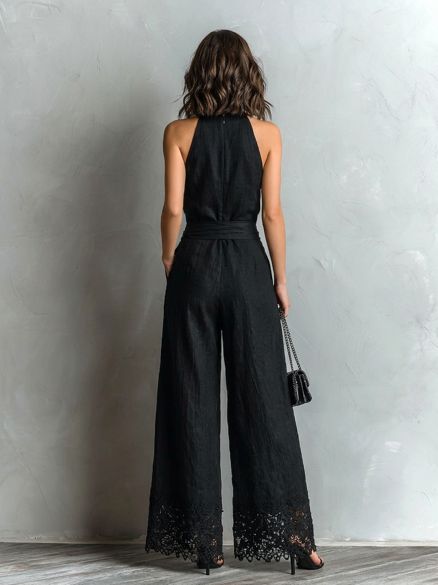 Black Faux Cotton-linen Halter Neck Vest With Tie-up Lace-trimmed Wide-Leg Trousers Set