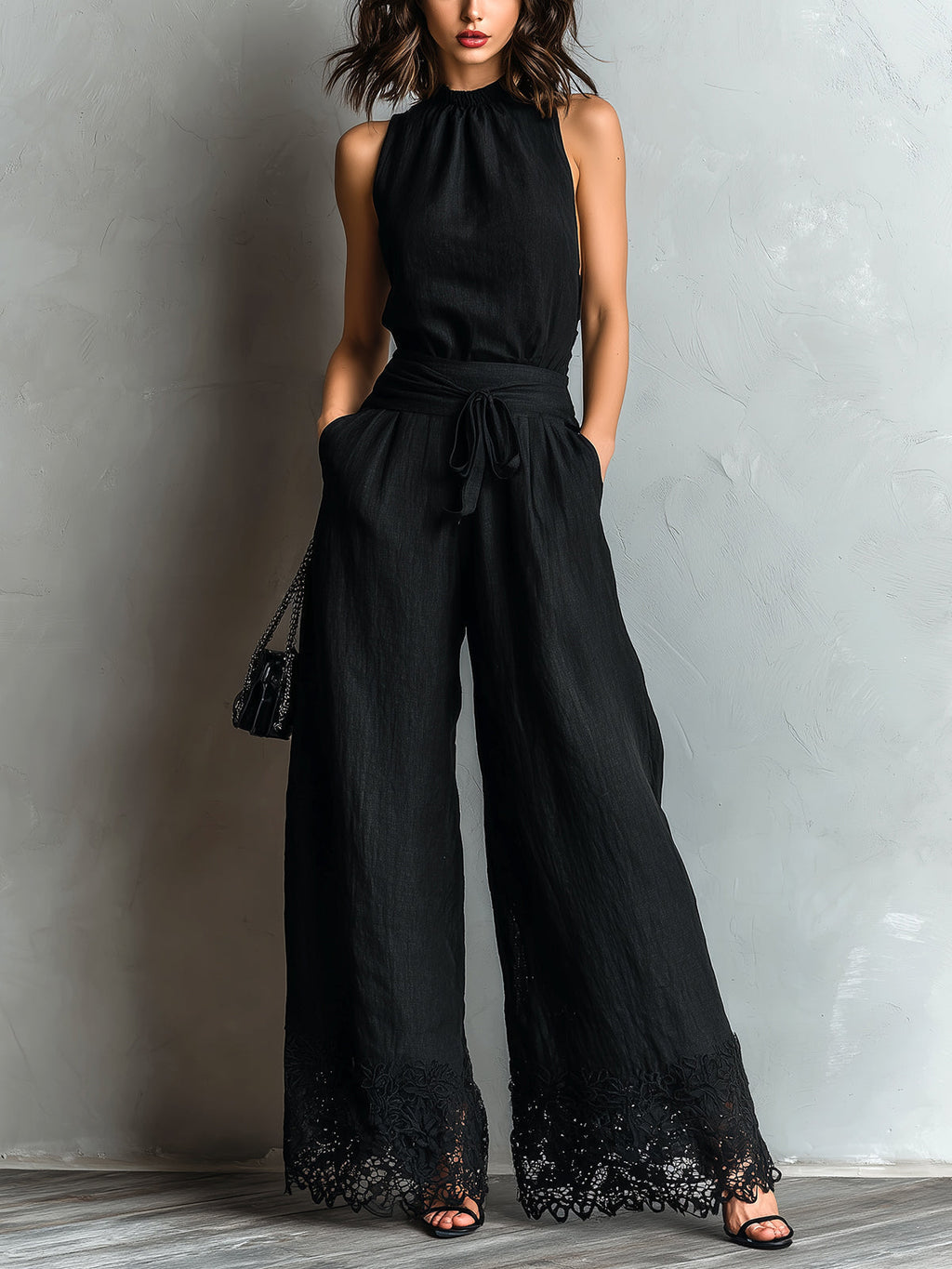 Black Faux Cotton-linen Halter Neck Vest With Tie-up Lace-trimmed Wide-Leg Trousers Set