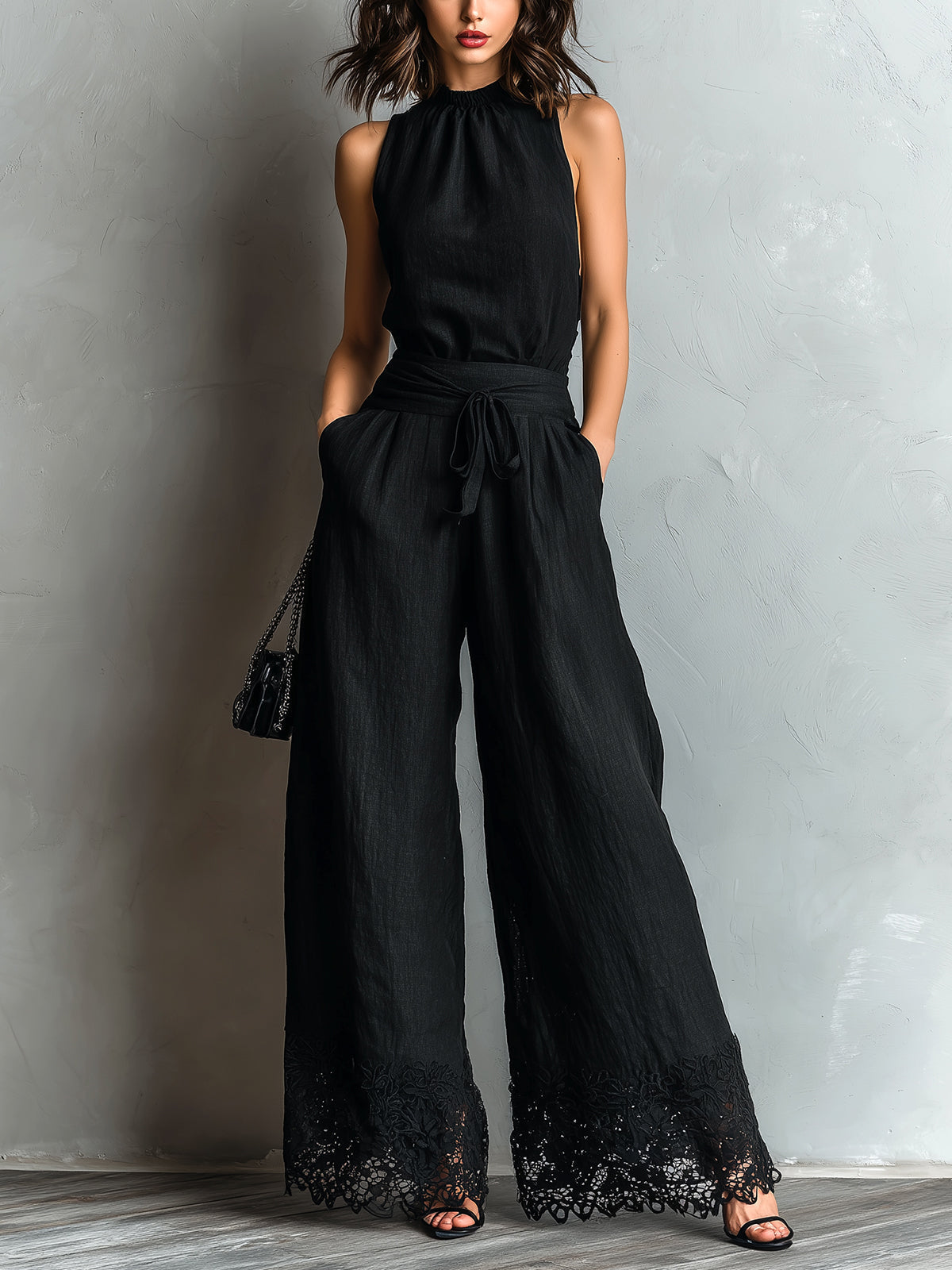 Black Faux Cotton-linen Halter Neck Vest With Tie-up Lace-trimmed Wide-Leg Trousers Set