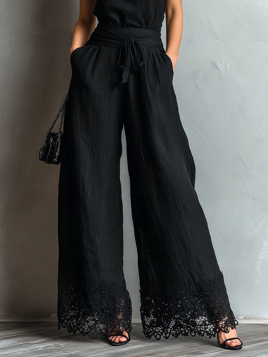 Black Faux Cotton-linen Halter Neck Vest With Tie-up Lace-trimmed Wide-Leg Trousers Set