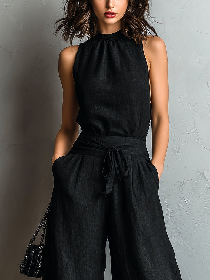 Black Faux Cotton-linen Halter Neck Vest With Tie-up Lace-trimmed Wide-Leg Trousers Set