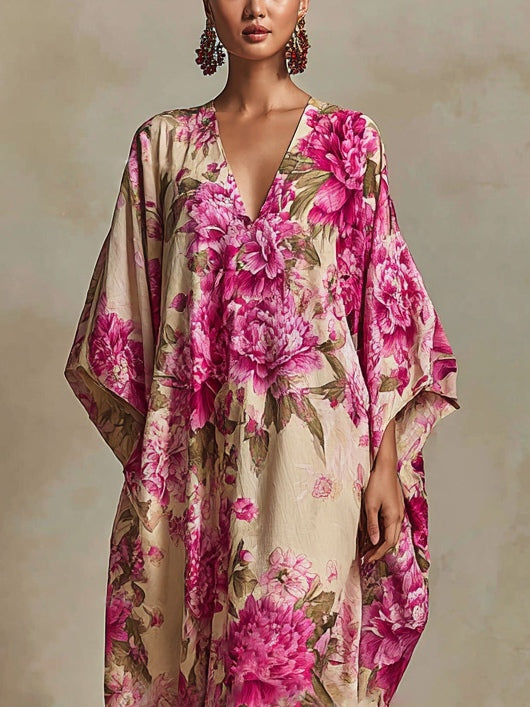 Flower Art Resort V-Neck Batwing Sleeve Kaftan Maxi-Length Dress