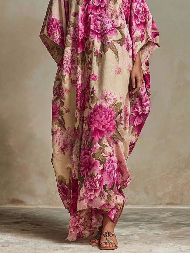 Flower Art Resort V-Neck Batwing Sleeve Kaftan Maxi-Length Dress