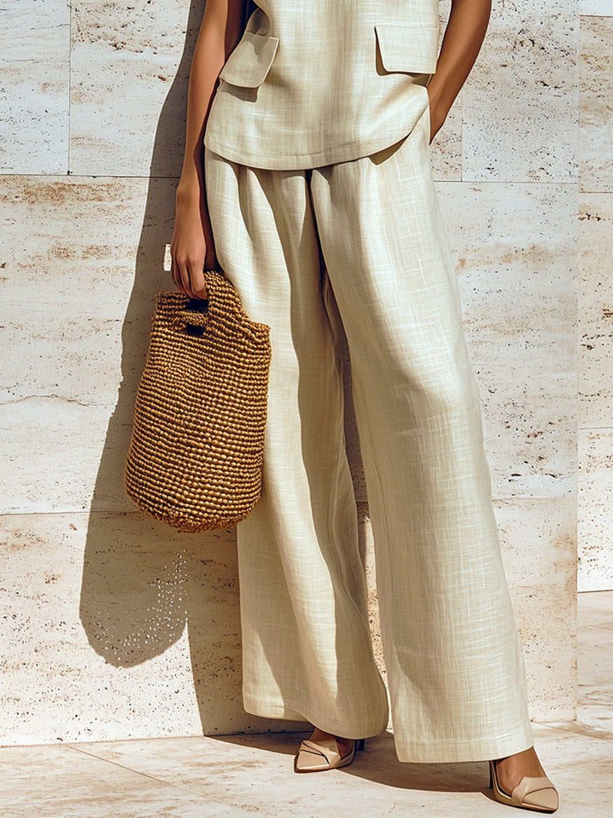 Beige V-Neck Sleeveless Loose Vest And Wide-Leg Trousers Two-Piece Set