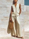 Beige V-Neck Sleeveless Loose Vest And Wide-Leg Trousers Two-Piece Set