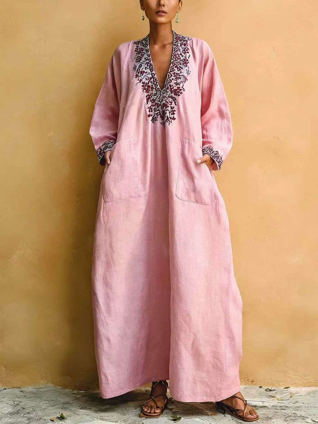 Pink Clean-Lined Holiday Print V-Neck Loose Maxi-Length Dress