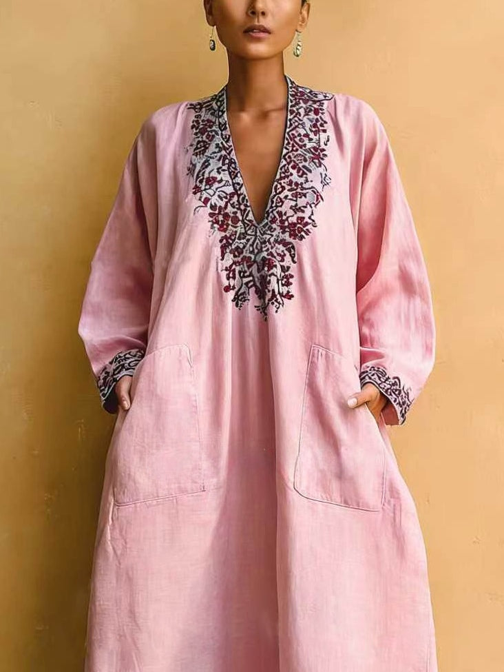 Pink Clean-Lined Holiday Print V-Neck Loose Maxi-Length Dress