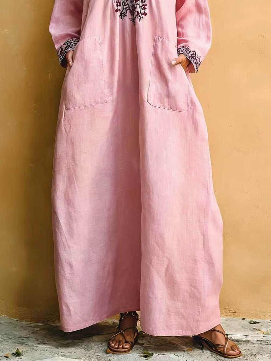 Pink Clean-Lined Holiday Print V-Neck Loose Maxi-Length Dress