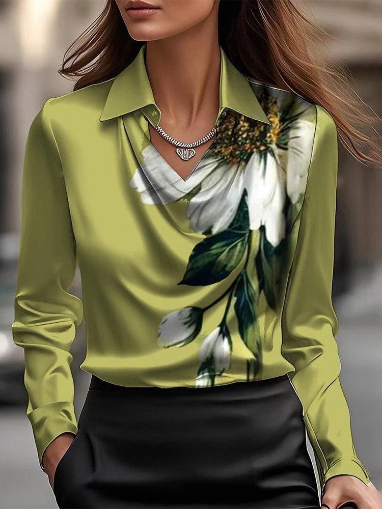 Solid Satin Flower Print Simple Swing Collar Shirt Top