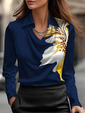 Solid Satin Flower Print Simple Swing Collar Shirt Top