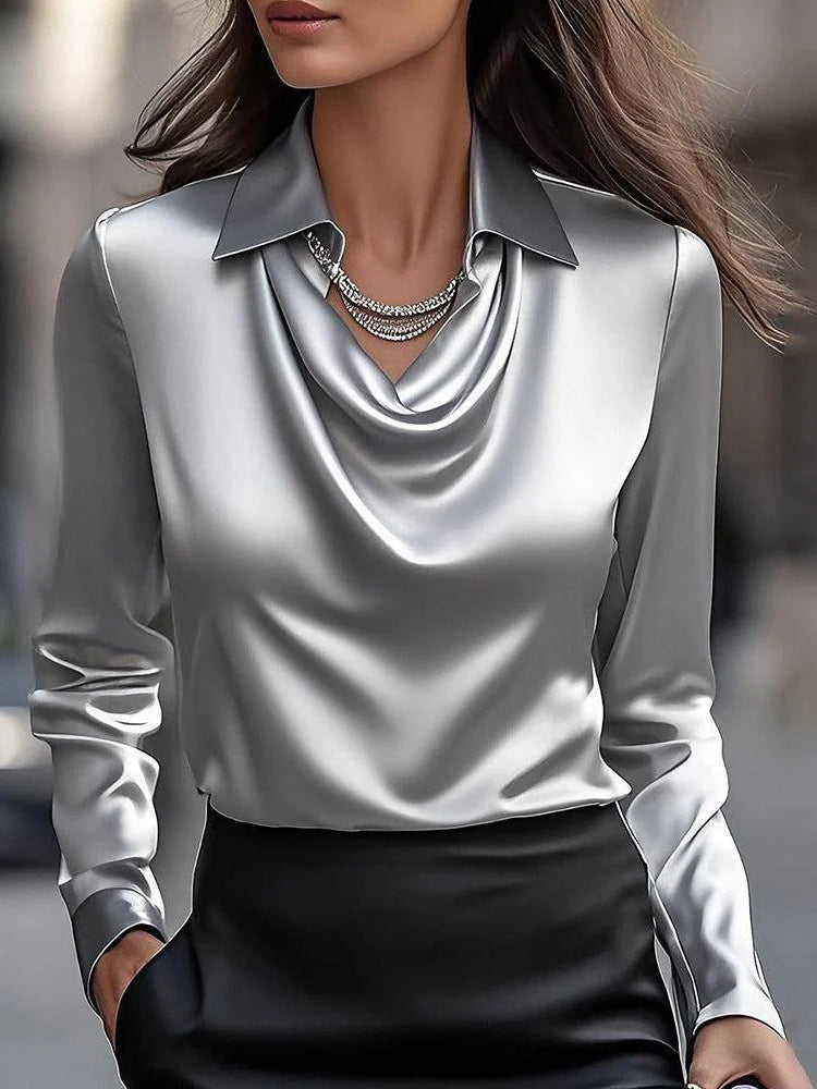 Solid Satin Flower Print Simple Swing Collar Shirt Top