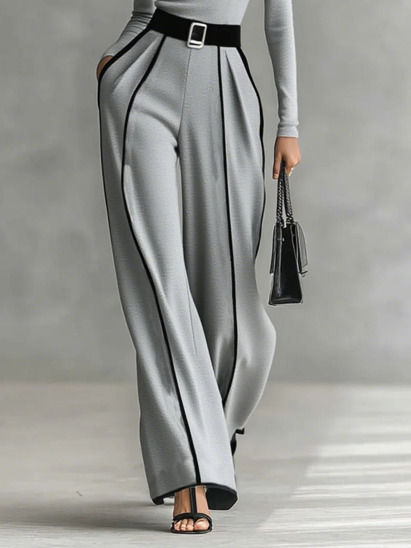 White Trim High-neck Long-sleeved Top With Wide-Leg Trousers and Belt Set