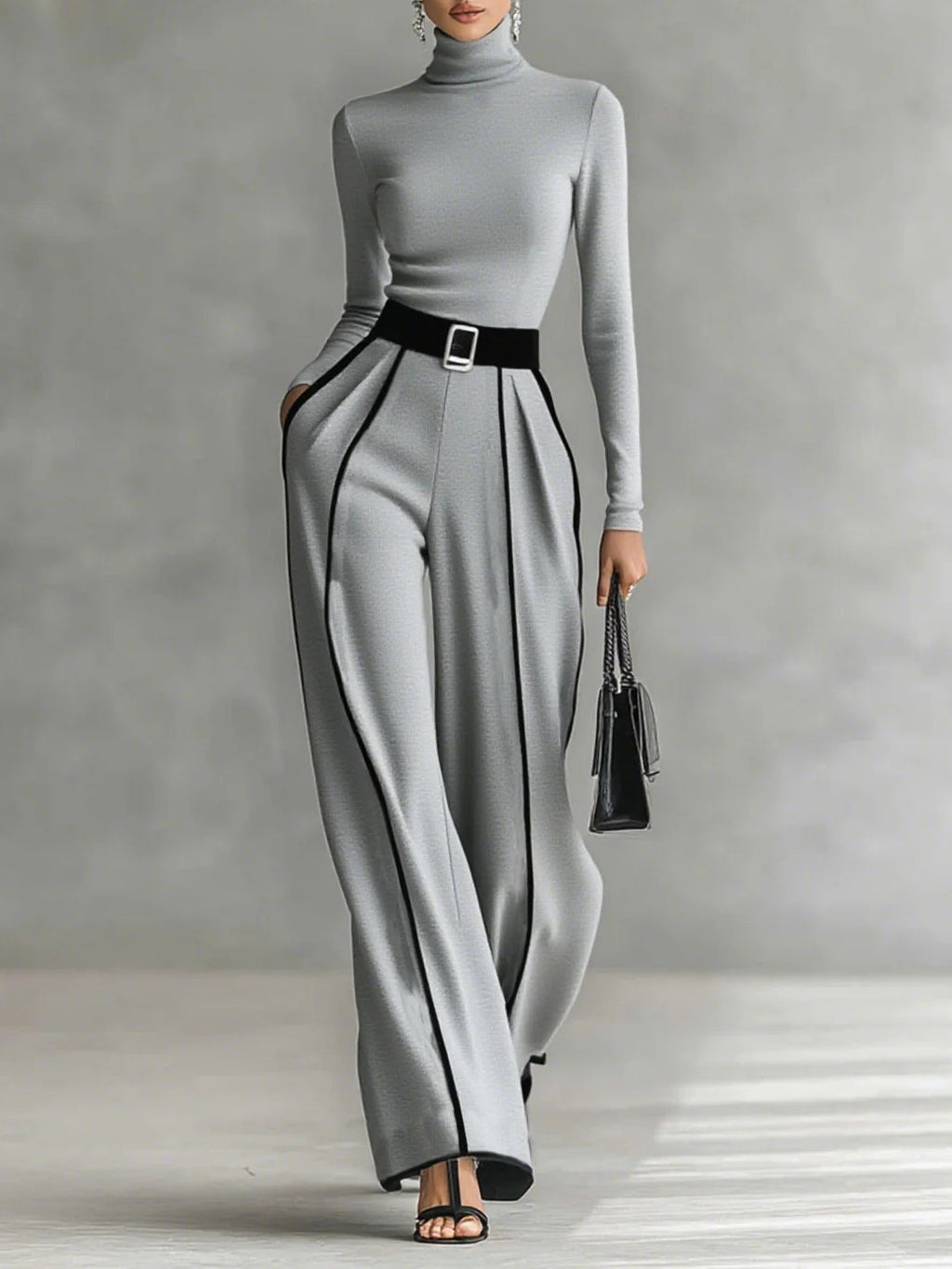 White Trim High-neck Long-sleeved Top With Wide-Leg Trousers and Belt Set
