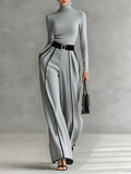 Gray Trim High-neck Long-sleeved Top With Wide-Leg Trousers and Belt Set