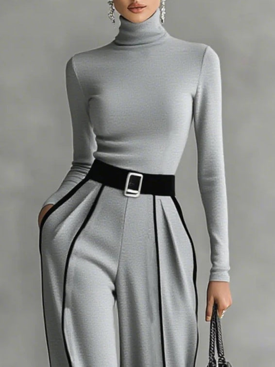 White Trim High-neck Long-sleeved Top With Wide-Leg Trousers and Belt Set