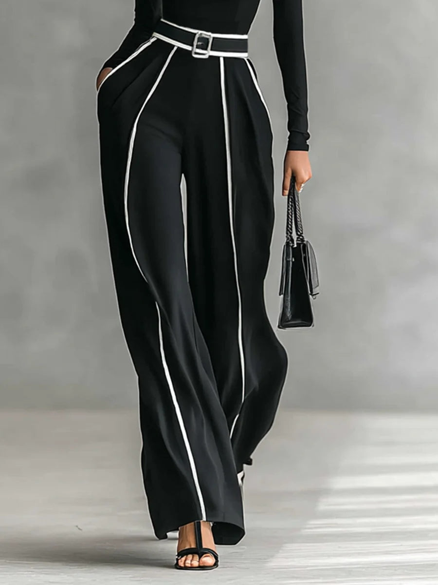 White Trim High-neck Long-sleeved Top With Wide-Leg Trousers and Belt Set